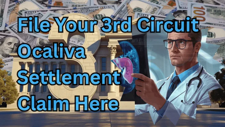 File Your 3rd Circuit Ocaliva Settlement Claim Here text on depiction of Third Circuit court with a doctor holding an xray of a damaged liver, and a cash compensation backdrop.