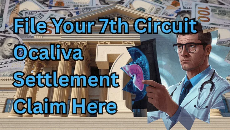 File Your 7th Circuit Ocaliva Settlement Claim Here text on depiction of Seventh Circuit court with a doctor holding an xray of a damaged liver, and a high-value cash backdrop.