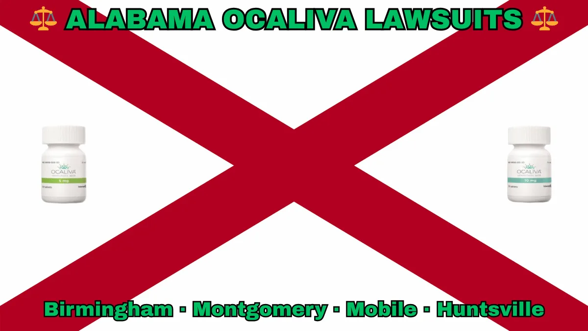 ALABAMA OCALIVA LAWSUITS: Birmingham, Montgomery, Mobile, and Huntsville text on AL state flag adorned with Primary Biliary Cholangitis (PBC) medication depicted near a red St. Andrew's cross on a white background.