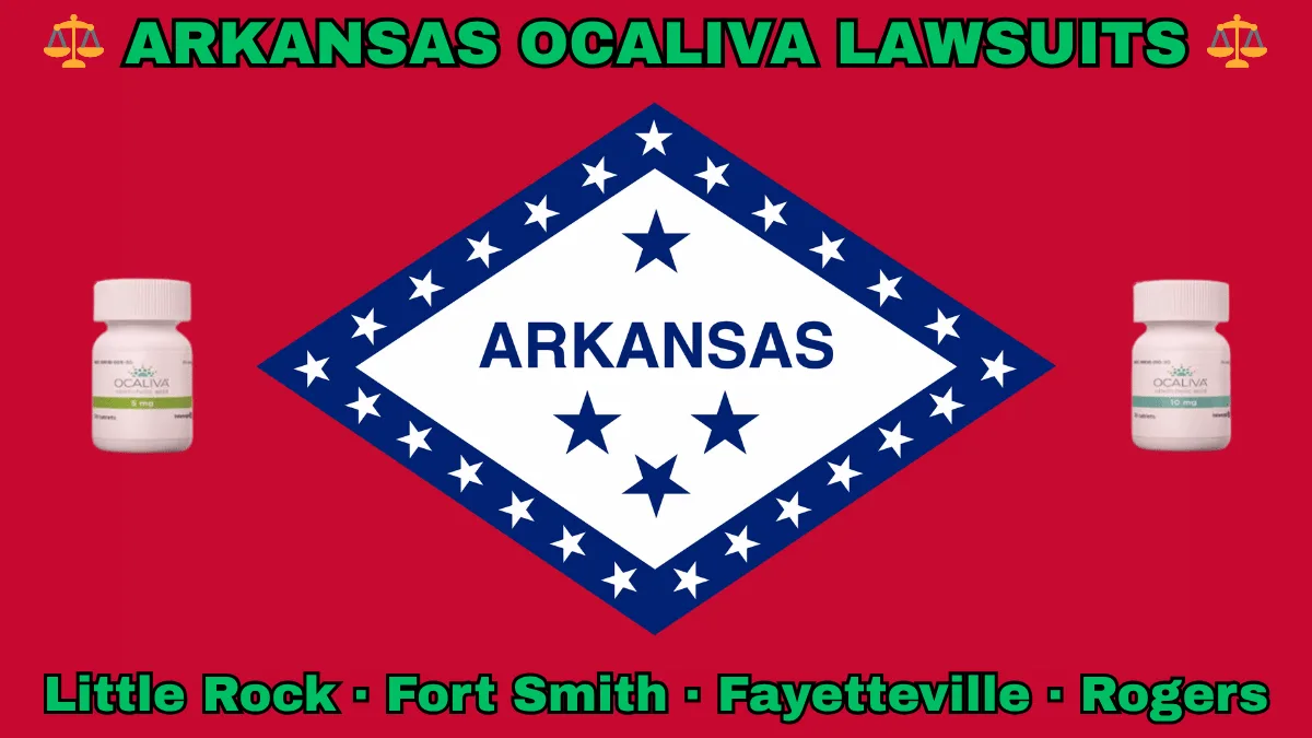 ARKANSAS OCALIVA LAWSUITS: Little Rock, Fort Smith, Fayetteville, and Rogers text on AR state flag adorned with Primary Biliary Cholangitis (PBC) medication depicted on a diamond-shaped border lined with stars