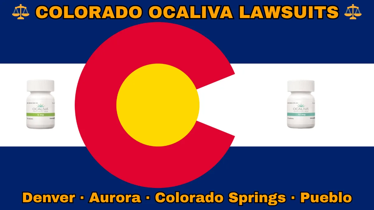 COLORADO OCALIVA LAWSUITS: Denver, Aurora, Colorado Springs, and Pueblo text on CO state flag adorned with Primary Biliary Cholangitis (PBC) medication depicted near an old red "C" with a golden circle on blue and white stripes