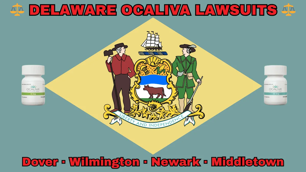 DELAWARE OCALIVA LAWSUITS: Dover, Wilmington, Newark, and Middletown text on DE state flag adorned with Primary Biliary Cholangitis (PBC) medication depicted near a coat of arms and 1787 date