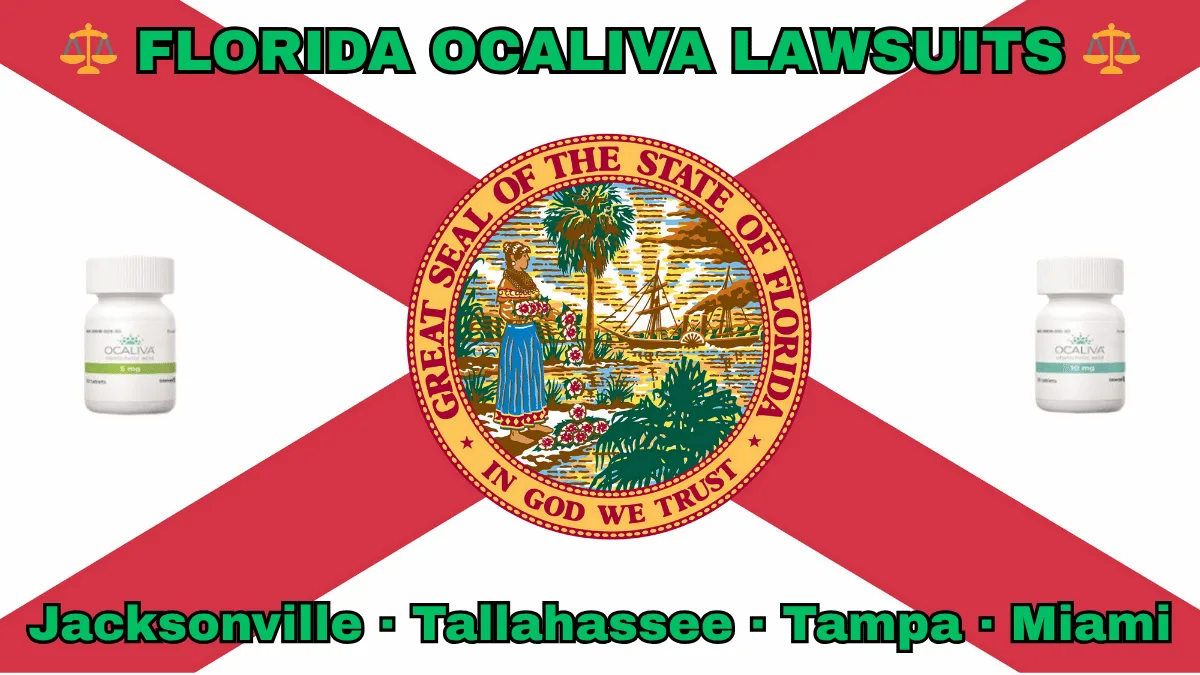 FLORIDA OCALIVA LAWSUITS: Jacksonville, Tallahassee, Tampa, and Miami text on FL state flag adorned with Primary Biliary Cholangitis (PBC) medication depicted near a red cross and SEAL of a Seminole woman scattering flowers by a shoreline with a boat, palm trees, and sunlight.