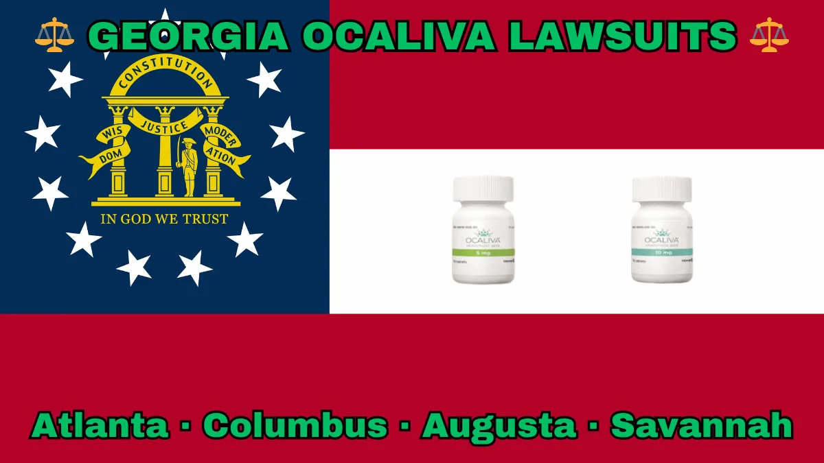 GEORGIA OCALIVA LAWSUITS: Atlanta, Columbus, Augusta, and Savannah text on GA state flag adorned with Primary Biliary Cholangitis (PBC) medication depicted near a gold arch on blue canton with three pillars and 13 white stars, next to three thick red and white stripes.