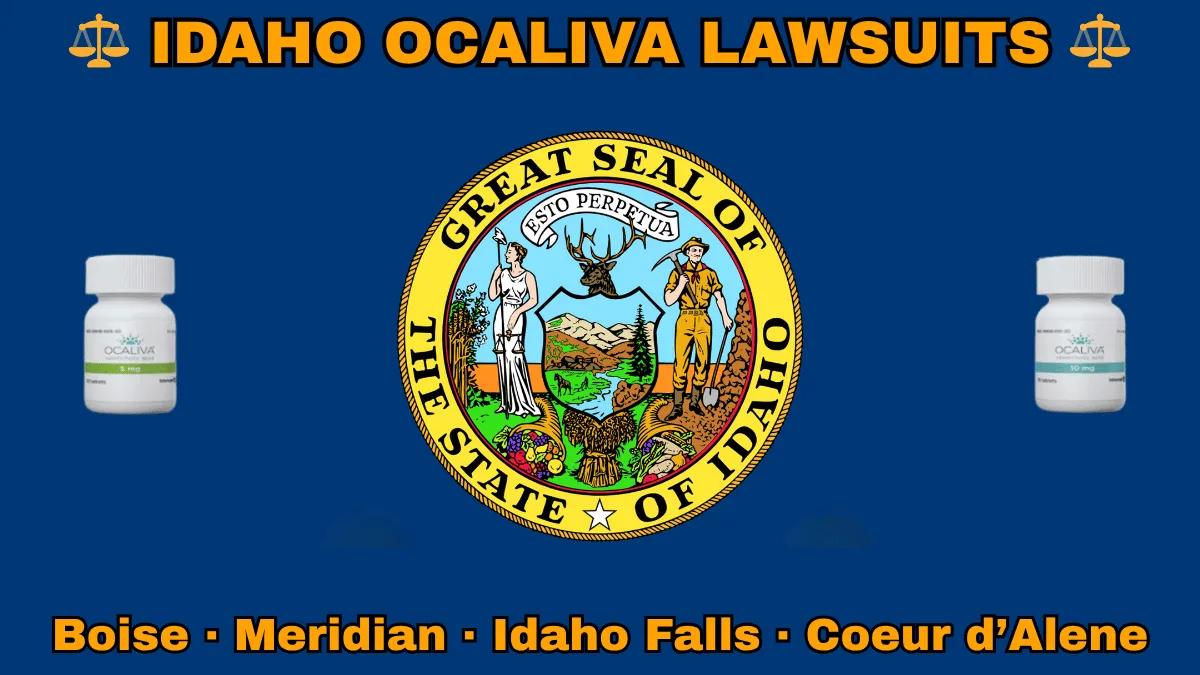 IDAHO OCALIVA LAWSUITS: Boise, Meridian, Idaho Falls, and Coeur d’Alene text on ID state flag adorned with Primary Biliary Cholangitis (PBC) medication depicted on a blue field near the official seal and banner