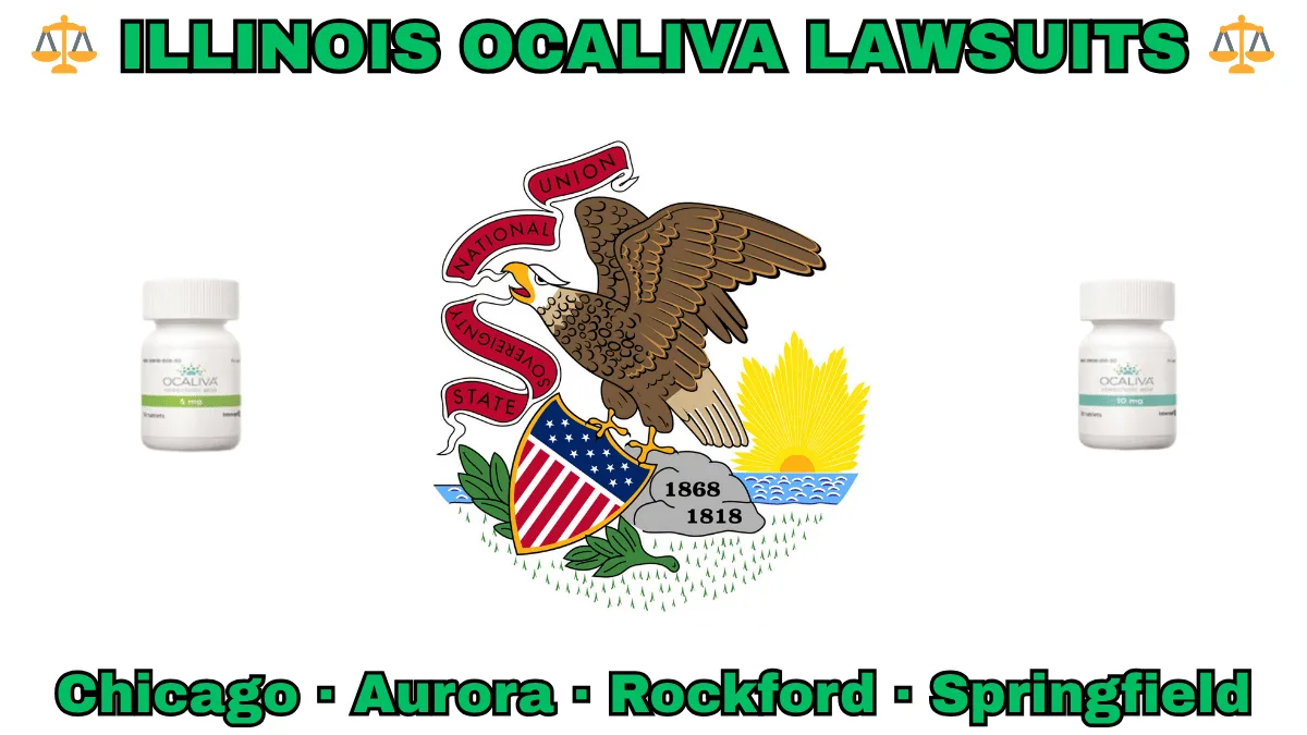 ILLINOIS OCALIVA LAWSUITS: Chicago, Aurora, Rockford, and Springfield text on IL state flag adorned with Primary Biliary Cholangitis (PBC) medication depicted near a bald eagle perched on a rock and holding a shield, as the sun shines bright.