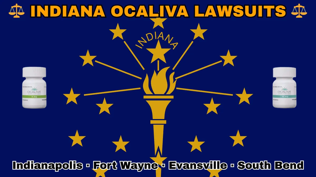 INDIANA OCALIVA LAWSUITS: Indianapolis, Fort Wayne, Evansville, and South Bend text on IN state flag adorned with Primary Biliary Cholangitis (PBC) medication depicted near a gold torch and stars.