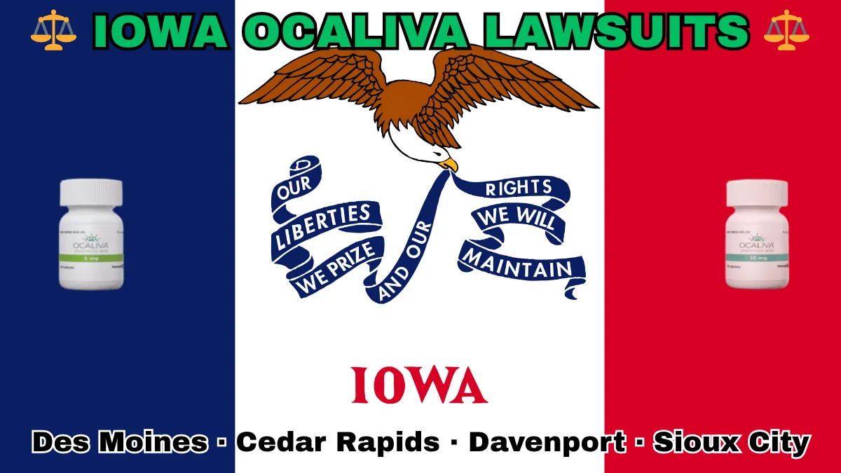 IOWA OCALIVA LAWSUITS: Boise, Meridian, Idaho Falls, Coeur d'Alene text on IA state flag adorned with Primary Biliary Cholangitis (PBC) medication depicted along blue, white, and red vertical stripes near an eagle and banner