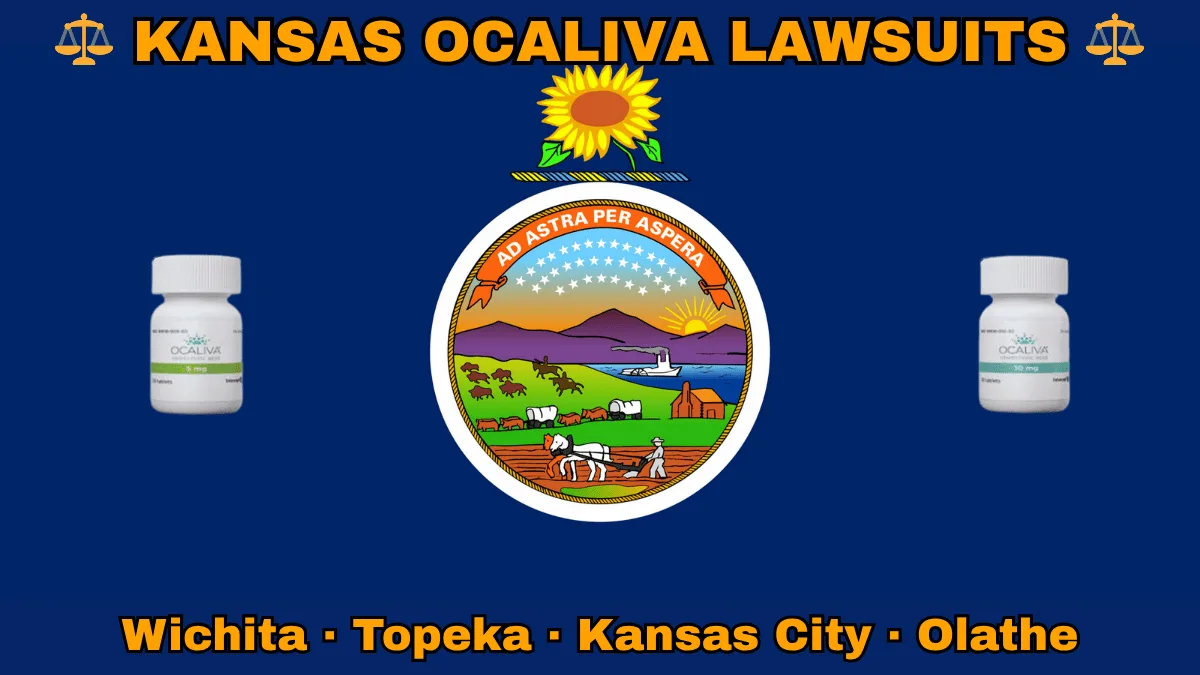KANSAS OCALIVA LAWSUITS: Wichita, Kansas City, Olathe, and Topeka text on KS state flag adorned with Primary Biliary Cholangitis (PBC) medication depicted on a blue background near the official seal and a sunflower emblem