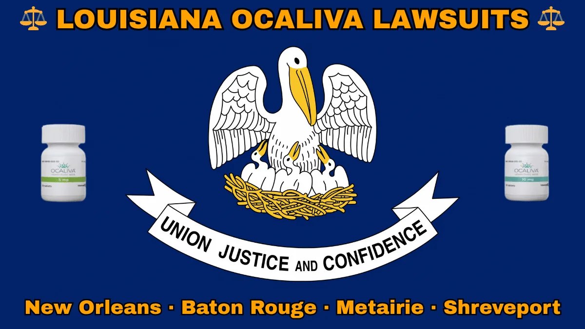 LOUISIANA OCALIVA LAWSUITS: New Orleans, Baton Rouge, Metairie, and Shreveport text on LA state flag adorned with Primary Biliary Cholangitis (PBC) medication depicted near a pelican feeding chicks with motto “UNION, JUSTICE, CONFIDENCE"