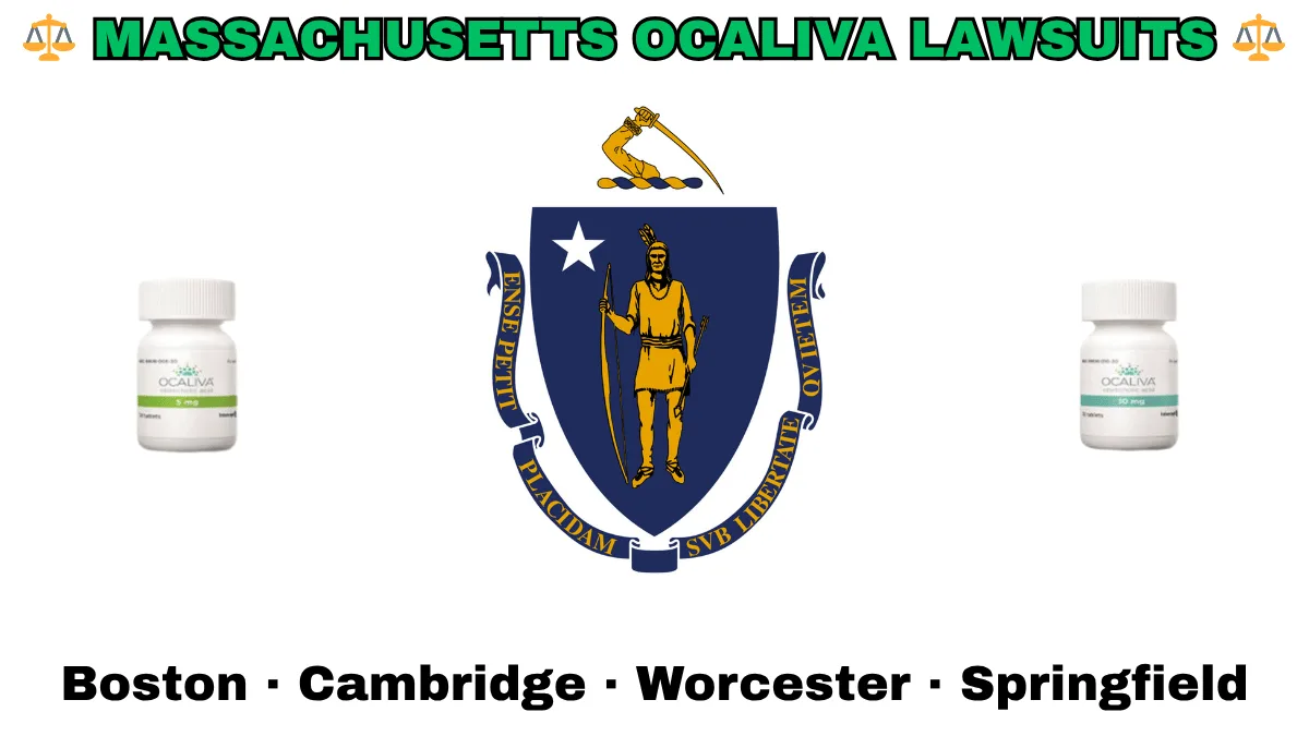 MASSACHUSETTS OCALIVA LAWSUITS: Boston, Cambridge, Worcester, and Springfield text on MA state flag adorned with Primary Biliary Cholangitis (PBC) medication depicted near a shield featuring a Native American person with bow and arrow under a star and sword.