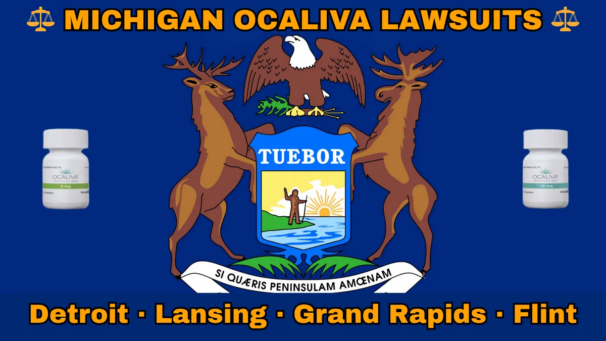 MICHIGAN OCALIVA LAWSUITS: Detroit, Lansing, Grand Rapids, and Flint text on MI state flag adorned with Primary Biliary Cholangitis (PBC) medication depicted near an elk, moose and bald eagle flanking a shield featuring a man standing on a sunny lake with a raised hand and rifle.
