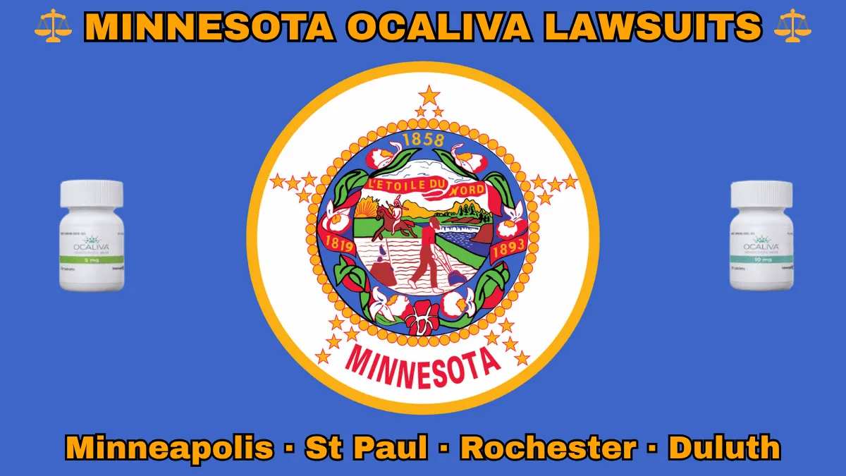 MINNESOTA OCALIVA LAWSUITS: Minneapolis, St Paul, Rochester, and Duluth text on MN state flag adorned with Primary Biliary Cholangitis (PBC) medication depicted on blue background near the official seal featuring a wreath of pink-and-white lady’s slippers