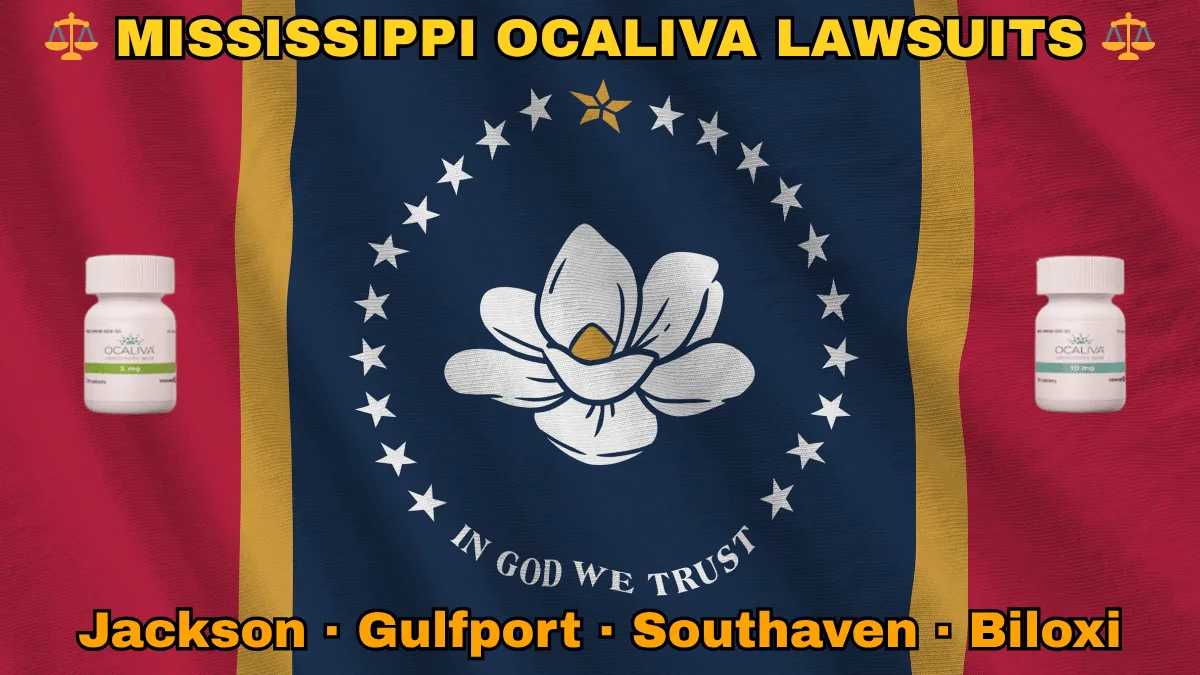 MISSISSIPPI OCALIVA LAWSUITS: Jackson, Gulfport, Southaven, and Biloxi text on MS state flag adorned with Primary Biliary Cholangitis (PBC) medication depicted along red, gold, and blue stripes near magnolia blossom and stars