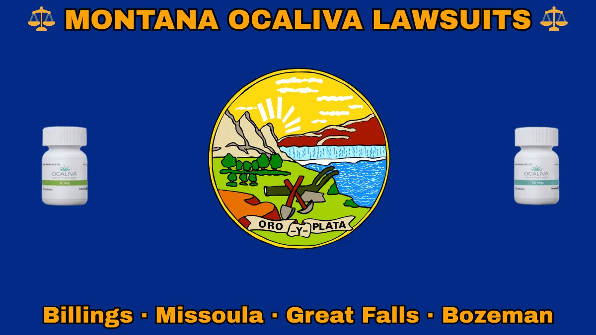 MONTANA OCALIVA LAWSUITS: Billings, Missoula, Great Falls, and Bozeman text on MT state flag adorned with Primary Biliary Cholangitis (PBC) medication depicted on a blue field near official seal featuring a plow and mountains