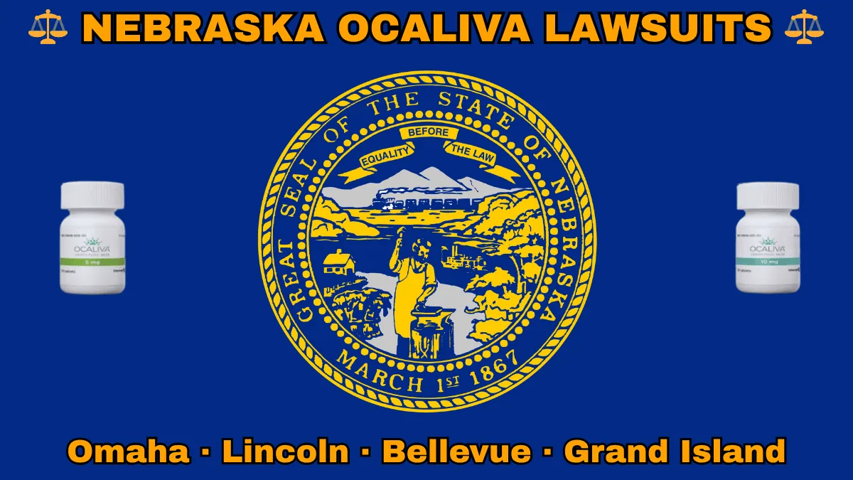 NEBRASKA OCALIVA LAWSUITS: Omaha, Lincoln, Bellevue, and Grand Island text on NE state flag adorned with Primary Biliary Cholangitis (PBC) medication depicted on a dark blue field near the official seal in gold