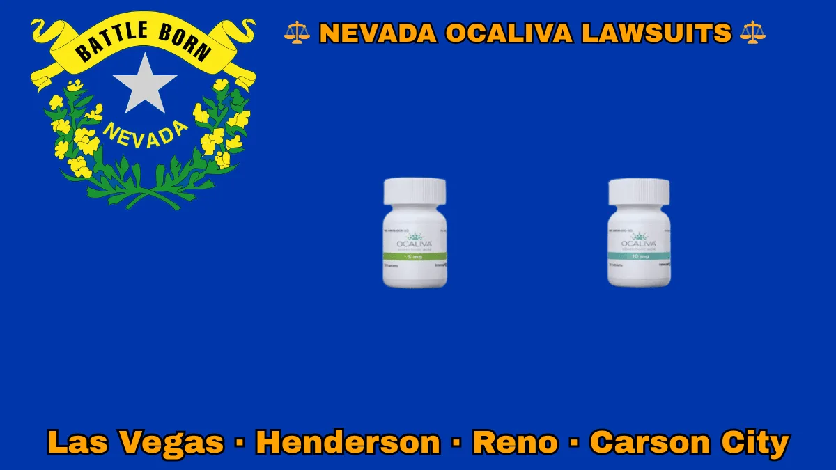 NEVADA OCALIVA LAWSUITS: Las Vegas, Henderson, Reno, and Carson City text on NV state flag adorned with Primary Biliary Cholangitis (PBC) medication depicted on a blue field near a silver star and “BATTLE BORN” motto