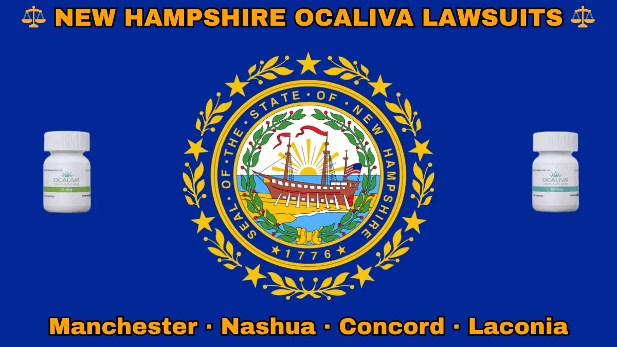 NEW HAMPSHIRE OCALIVA LAWSUITS: Manchester, Nashua, Concord, and Laconia text on NH state flag adorned with Primary Biliary Cholangitis (PBC) medication depicted on blue field near a Portsmouth's frigate encircled by laurel leaves and stars
