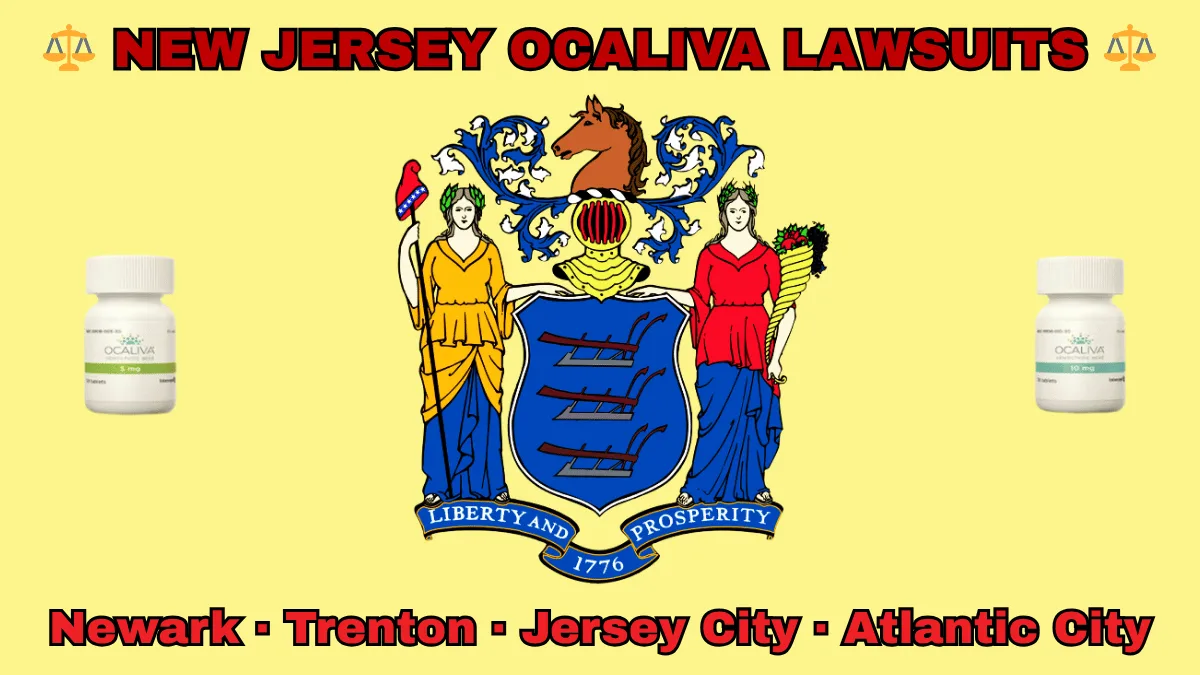 NEW JERSEY OCALIVA LAWSUITS: Newark, Trenton, Jersey City, and Atlantic City text on NJ state flag adorned with Primary Biliary Cholangitis (PBC) medication depicted near a shield with three plows, the goddesses Liberty and Ceres, and a horse head.
