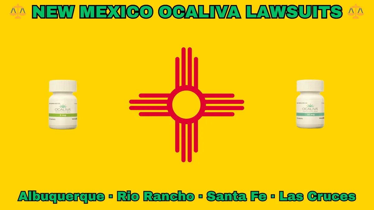 NEW MEXICO OCALIVA LAWSUITS: Albuquerque, Rio Rancho, Santa Fe, and Las Cruces text on NM state flag adorned with Primary Biliary Cholangitis (PBC) medication depicted on a yellow background near a red Zia sun symbol