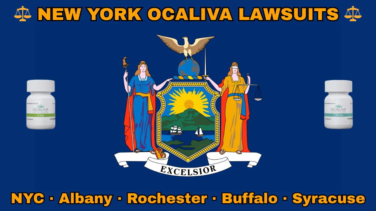 NEW YORK OCALIVA LAWSUITS: NYC, Albany, Rochester, Buffalo, and Syracuse text on NY state flag adorned with Primary Biliary Cholangitis (PBC) medication depicted near Liberty and Justice holding a sword and scales, an eagle atop a globe, and a shield featuring the sun shining over the mountains onto Hudson River boaters.