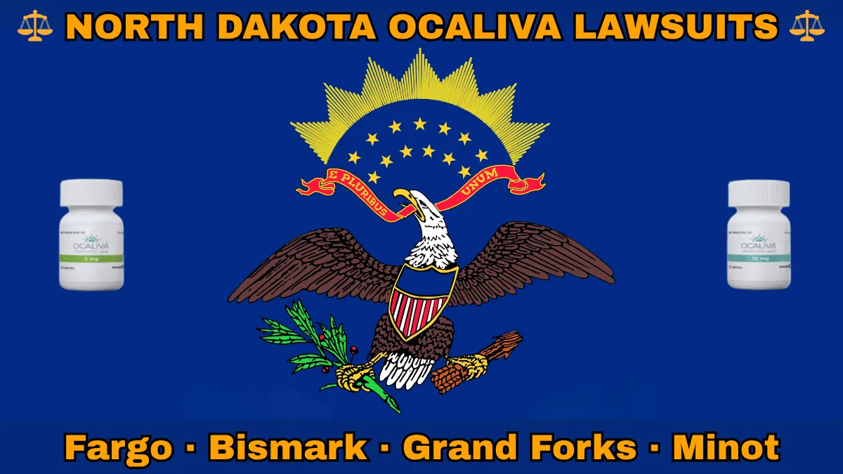 NORTH DAKOTA OCALIVA LAWSUITS: Fargo, Bismark, Grand Forks, and Minot text on ND state flag adorned with Primary Biliary Cholangitis (PBC) medication depicted on a blue field near a bald eagle, ribbon, and shield.
