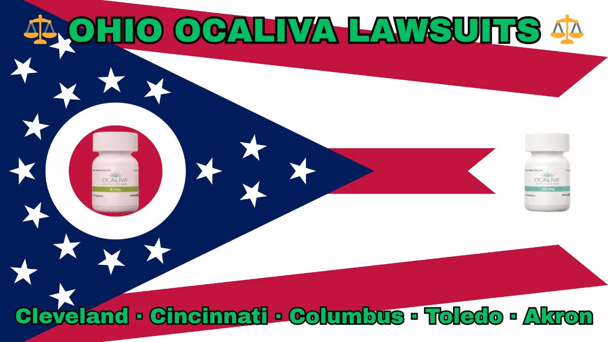 OHIO OCALIVA LAWSUITS: Cleveland, Cincinnati, Columbus, Toledo, and Akron text on OH state flag adorned with Primary Biliary Cholangitis (PBC) medication depicted near a triangular swallowtail with red, white, and blue stripes and stars.