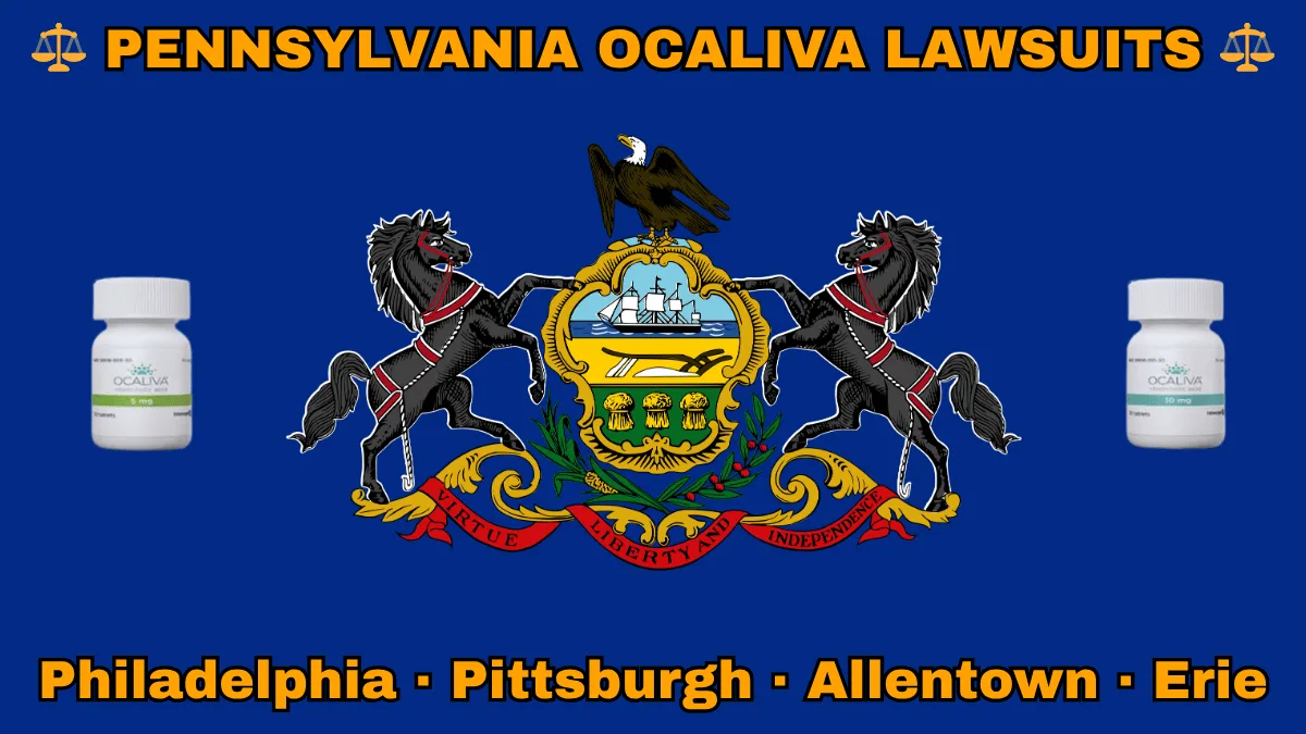 PENNSYLVANIA OCALIVA LAWSUITS: Philadelphia, Pittsburgh, Allentown, and Erie text on PA state flag adorned with Primary Biliary Cholangitis (PBC) medication depicted near horses and an eagle flanking a shield featuring a ship, plow, and sheaves of wheat.
