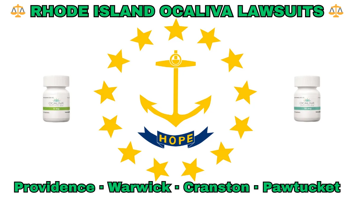 RHODE ISLAND OCALIVA LAWSUITS: Providence, Warwick, Cranston, and Pawtucket text on RI state flag adorned with Primary Biliary Cholangitis (PBC) medication depicted on a white background near an anchor, gold stars, and “HOPE” motto