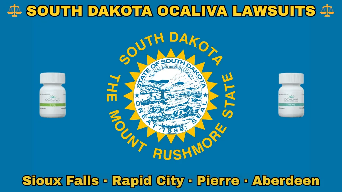 SOUTH DAKOTA OCALIVA LAWSUITS: Sioux Falls, Rapid City, Pierre, and Aberdeen text on SD state flag adorned with Primary Biliary Cholangitis (PBC) medication depicted on a blue field near the official seal and words "THE MOUNT RUSHMORE STATE"