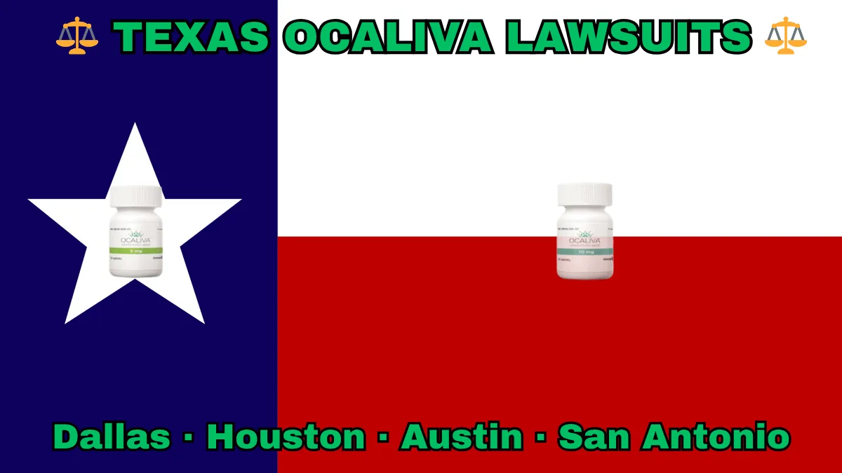 TEXAS OCALIVA LAWSUITS: Dallas, Houston, Austin, and San Antonio text on TX state flag adorned with Primary Biliary Cholangitis (PBC) medication depicted on a Lone Star near blue, red and white color blocks.