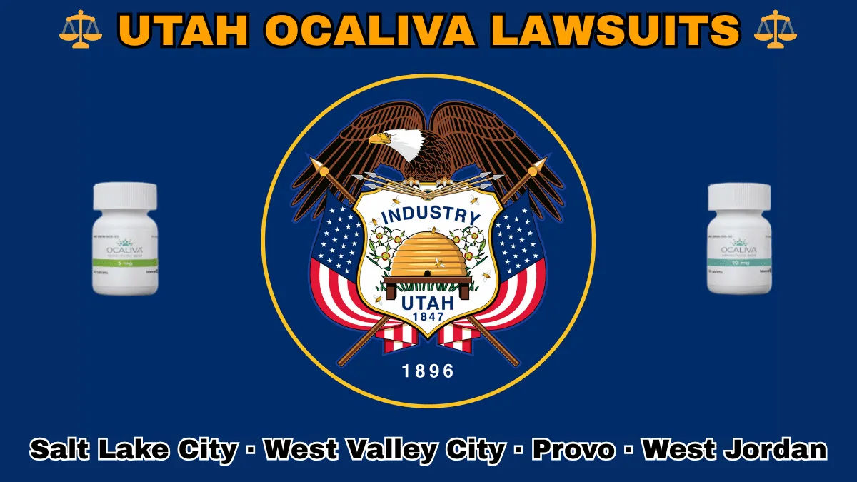UTAH OCALIVA LAWSUITS: Salt Lake City, West Valley City, Provo, and West Jordan text on UT state flag adorned with Primary Biliary Cholangitis (PBC) medication depicted on a blue field near a beehive, bald eagle, motto and date