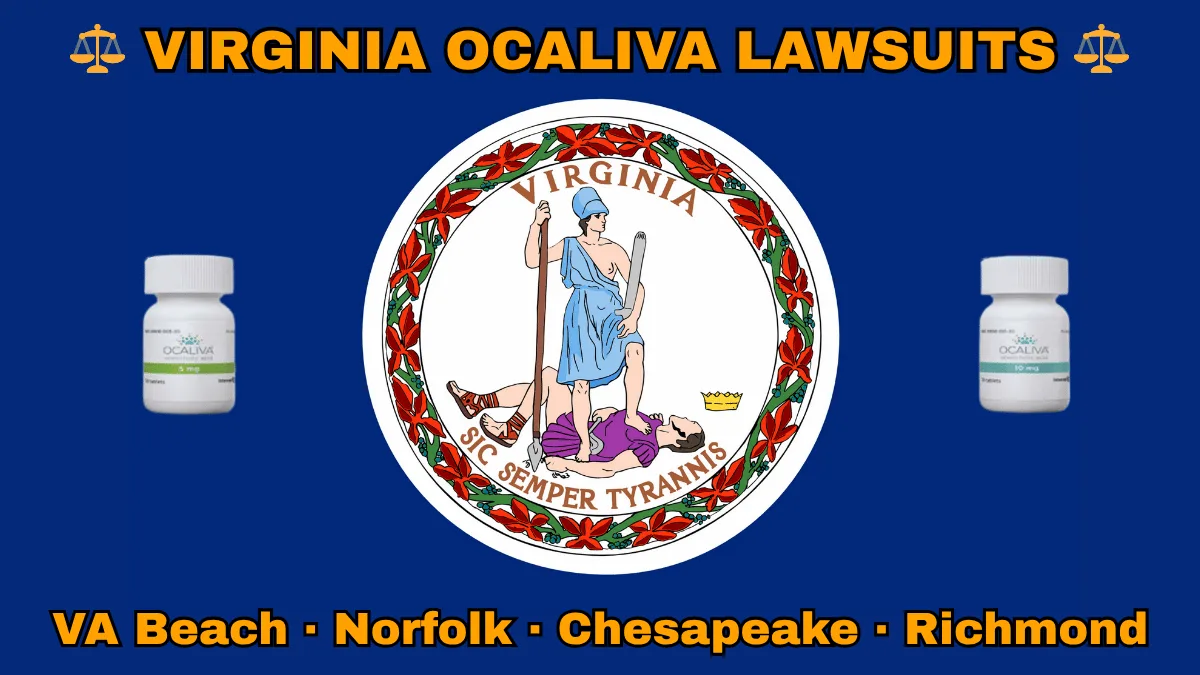 VIRGINIA OCALIVA LAWSUITS: VA Beach, Norfolk, Chesapeake, and Richmond text on VA state flag adorned with Primary Biliary Cholangitis (PBC) medication depicted near Virtus defeating Tyranny with a spear and sword.