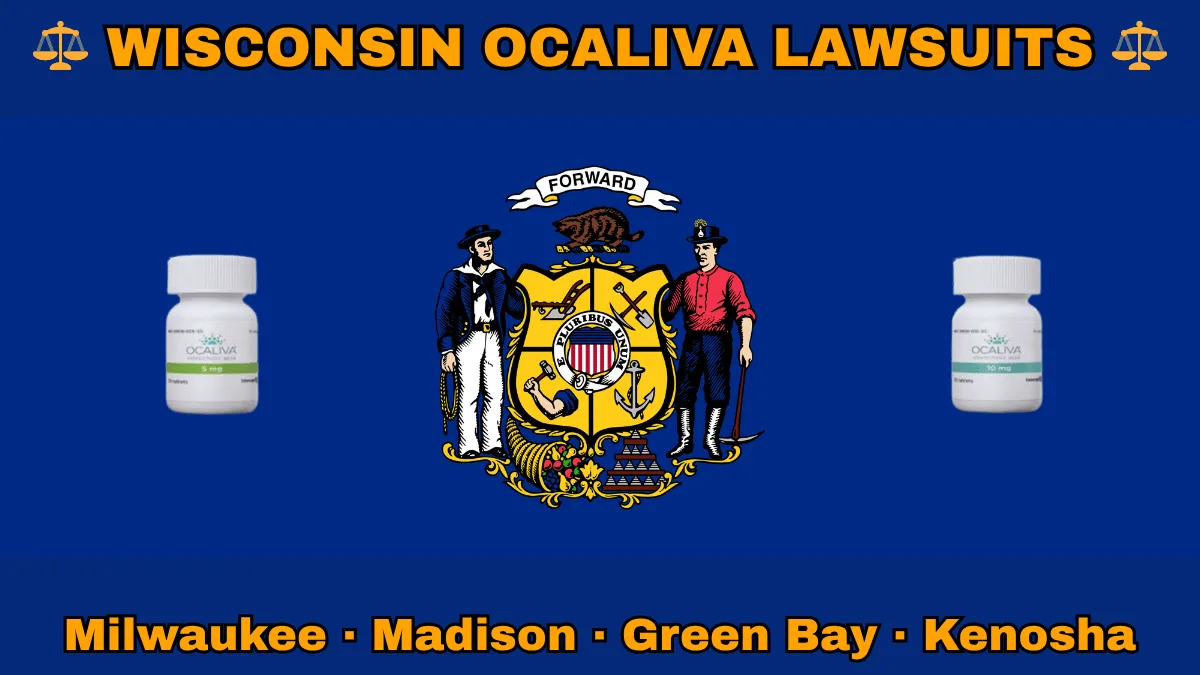 WISCONSIN OCALIVA LAWSUITS: Milwaukee, Madison, Green Bay, and Kenosha text on WI state flag adorned with Primary Biliary Cholangitis (PBC) medication depicted near a sailor and miner flanking a shield featuring agriculture, mining, manufacturing, and navigation, a badger above, and a cornucopia and lead ingot.