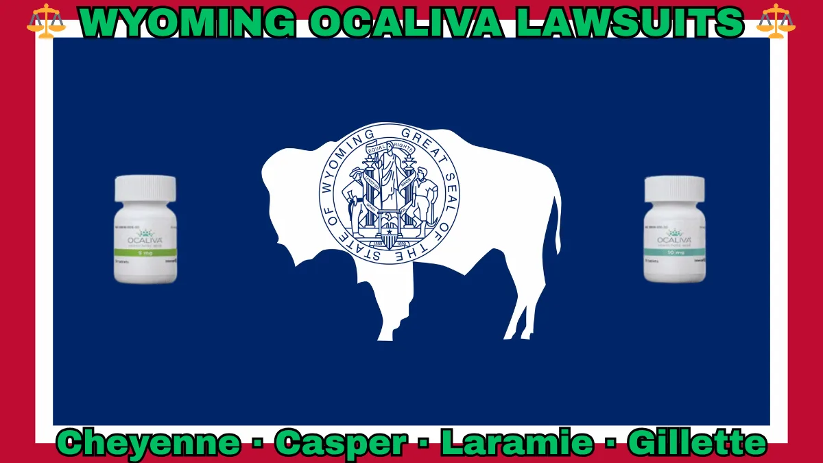 WYOMING OCALIVA LAWSUITS: Cheyenne, Casper, Laramie, and Gillette text on WY state flag adorned with Primary Biliary Cholangitis (PBC) medication depicted on a blue field bordered in white and red near a white bison bearing the official seal.